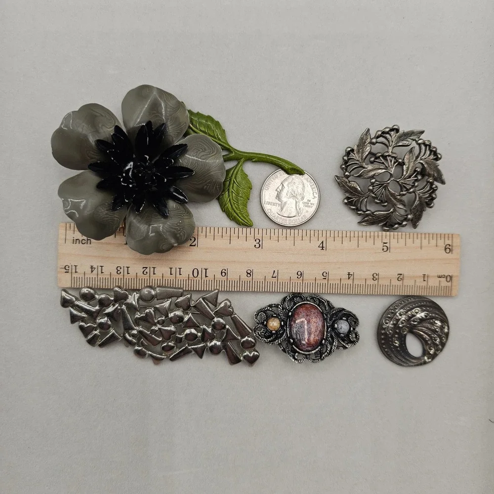 Brooch Lot Silver Toned Floral Bow 9pc Pin Vtg Enamel Rhinestone Cabochons Black